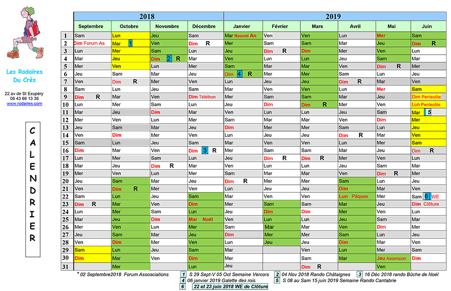 calendrier rodaires 2018-2019