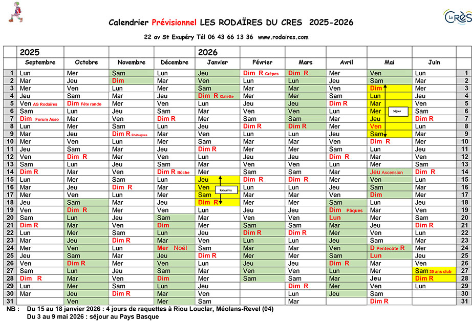 calendrier rodaires 2025-2026