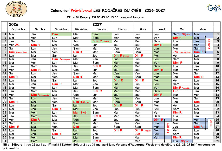 calendrier rodaires 2026-2027